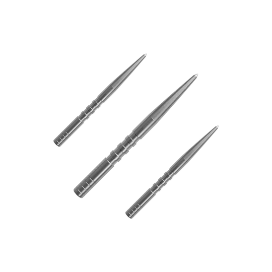 Puntas de dardo Condor Beak Point con corte Das Bild zeigt drei silberne Dartspitzen, die nebeneinander angeordnet sind. Sie sind aus Metall und haben eine schlanke, spitz zulaufende Form.