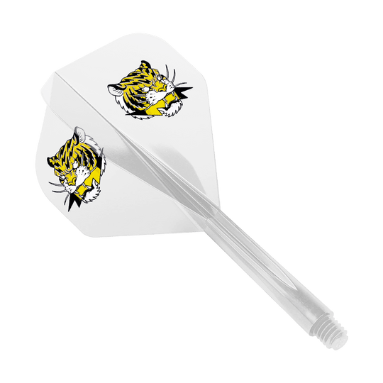 Sistema de vuelo Condor AX Inazuma Tiger Mix Amarillo Claro - Estándar Das Bild zeigt das Produkt "Condor AXE Inazuma Tiger Mix Flight-System Yellow Clear - Standard". Auf dem weißen Flight sind zwei gelbe Tigerköpfe abgebildet.