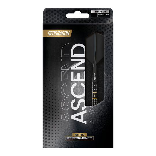 Dardos de acero Torpedo Ascend de Red Dragon Dargestellt sind die Red Dragon Ascend Torpedo Steeldarts. Das Bild fokussiert auf die Form und Struktur der Darts.