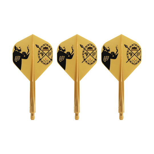 Sistema de vuelo Condor AX Devon Petersen Inspiration - Estándar Auf dem Bild sind drei gelbe Dart-Flights mit schwarzem Motiv zu sehen. Sie tragen das Design des Condor AXE Devon Petersen Inspiration Flight-Systems in Standardform.