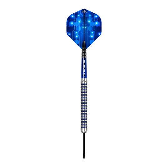 Das Bild zeigt die Mission ION Blue Silver Steeldarts. Die Darts sind in Blau und Silber gehalten.