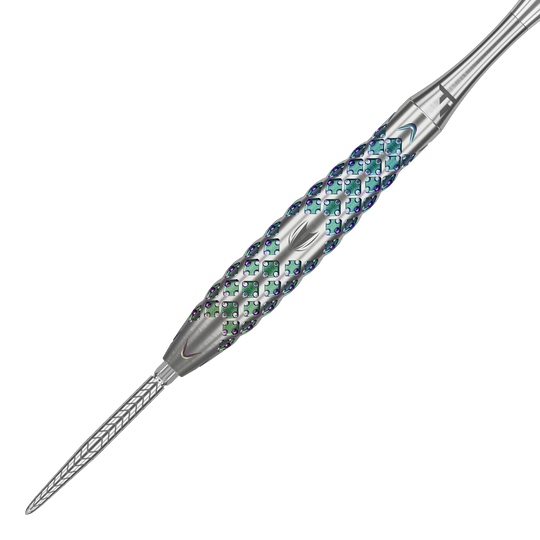 Dardos de acero Target Rove 02 Swiss Point Das Bild zeigt einen Target Rove 02 Swiss Point Steeldart. Der Dartpfeil hat ein silbernes Gehäuse mit auffälligem, farbigem Muster und präziser Gravur.