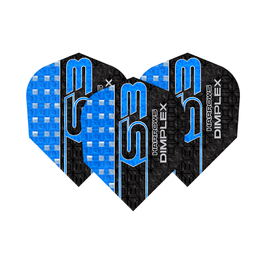 Vuelos Harrows Dimplex S3 - Azul Das Bild zeigt drei blaue Harrows Dimplex S3 Flights für Darts. Die Flights haben ein auffälliges Design mit blauen und schwarzen Mustern sowie der Aufschrift "S3" und "Dimplex".