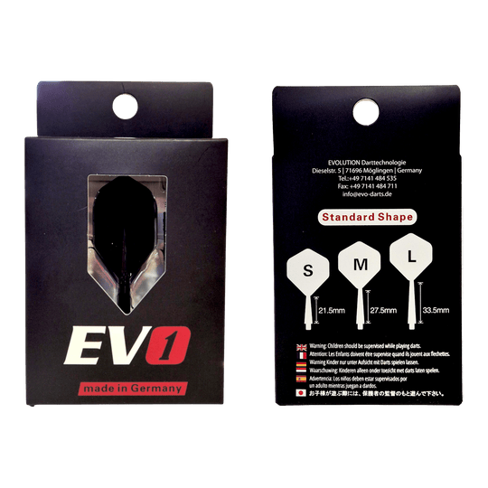 Sistema de eje de vuelo Evolution EVO1 - Negro Evolution EVO1 Flight-Shaft-System in Schwarz ist dargestellt. Das Produkt ist für den Einsatz im Dartsport geeignet.