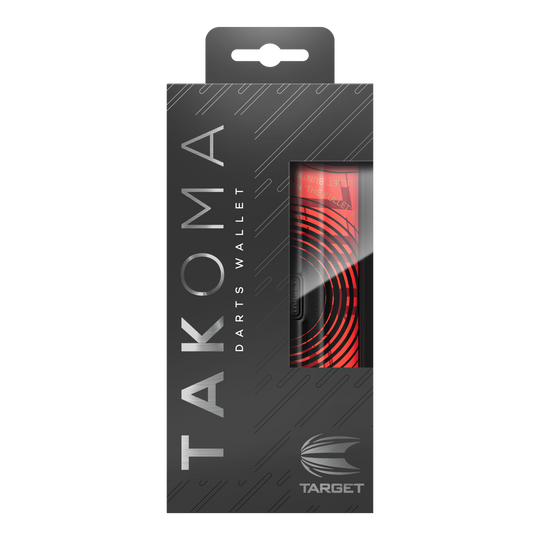 Estuche para dardos Target Takoma Stephen Bunting Die Abbildung zeigt die Verpackung des Produktes „Target Takoma Stephen Bunting Dartcase“. Das Etui ist rot-schwarz gestaltet und befindet sich in einer eleganten, schwarzen Box mit Sichtfenster.