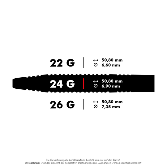 Dardos de acero originales Red Dragon Jonny Clayton 2 Das Bild zeigt drei verschiedene Gewichte von Steeldarts: 22g, 24g und 26g, jeweils mit ihren Längen und Durchmessern. Die Maße sind für alle Längen gleich (50,80 mm), während sich die Durchmesser je nach Gewicht unterscheiden.