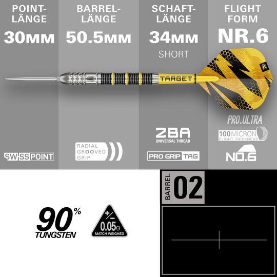 Dardos de acero Target Buzz 02 Swiss Points Hier sieht man die Target Buzz 02 Swiss Points Steeldarts. Die Darts sind deutlich und im Detail abgebildet.