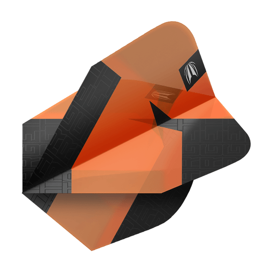 Das Bild zeigt ein orange-schwarzes Dart-Flight mit geometrischem Muster. Es handelt sich um das Produkt "Target Pro Ultra TAG Orange Ten-X Standard Flights - 3 Sets".