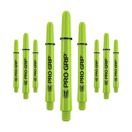 Auf dem Bild sind mehrere limegrüne Dartschäfte mit der Aufschrift "PRO GRIP" zu sehen. Sie sind in drei Sets zu je drei Stück angeordnet.