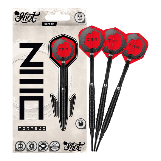 Dardos blandos Shot ZEN Torpedo - 20 g Abgebildet sind die Shot ZEN Torpedo Softdarts - 20g in voller Länge. Der Dart ist für Präzision Wurftechnik bekannt.