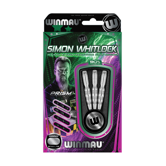1042_Winmau_Simon_Whitlock_90_Tungsten_2018_Steeldarts_3EO71UGQCbAW0j Auf dem Bild ist eine Packung mit "Winmau Simon Whitlock 90% Tungsten Steeldarts" zu sehen. Die Verpackung zeigt drei silberne Steeldarts und ein Bild von Simon Whitlock.