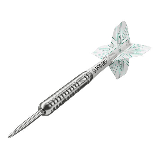 Dardos de acero Target Rob Cross Voltage Swiss Point Das Bild zeigt einen Target Rob Cross Voltage Swiss Point Steeldart. Der Dartpfeil ist silbern und hat weiße Flights mit grünen Akzenten.