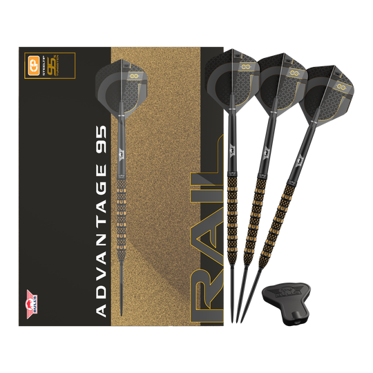 Dardos de acero con punta convertible Bulls NL Advantage 95 Zu sehen ist das Produkt Bulls NL Advantage 95 Rail Convertible Point Steeldarts. Verschiedene Ansichten sind dargestellt.