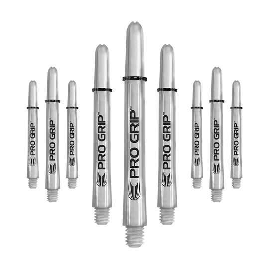 Varillas Target Pro Grip - 3 juegos - Transparentes Das Bild zeigt neun transparente Pro Grip Shafts für Dartpfeile. Die Shafts haben eine Länge von 48 mm und sind mit schwarzem Schriftzug und Logo versehen.