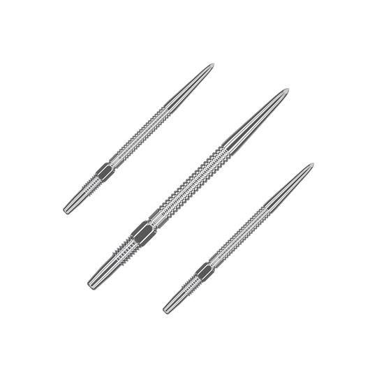 Puntas de dardos Target Swiss Point GRD Silver Das Bild zeigt drei silberne Dartspitzen des Produkts "Target Swiss Point GRD Silver Dartspitzen". Sie sind schlank, aus Metall gefertigt und haben eine strukturierte Oberfläche für besseren Halt.