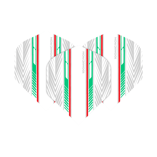 Vuelos de pentatlón blanco/verde/rojo Das Bild zeigt die "Pentathlon White Green Red No2 Standard Flights" für Dartpfeile. Die Flights sind weiß mit auffälligen grünen, roten und silbernen Streifen gestaltet.