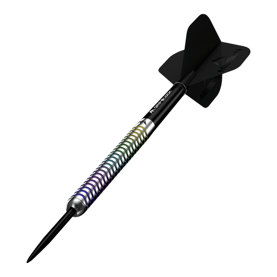Dardos de acero Mission Mirage Mission Mirage Steeldarts sind Profi-Darts für anspruchsvolle Spieler. Die Abbildung präsentiert das Set aus mehreren Perspektiven.