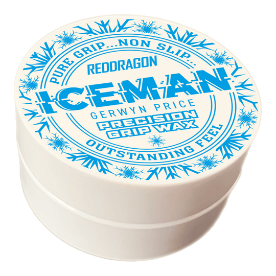 Cera para dedos Red Dragon Gerwyn Price Iceman Precision Grip Wax Das Bild zeigt eine weiße Dose mit der Aufschrift „Red Dragon Gerwyn Price Iceman Precision Grip Wax“. Auf dem Deckel sind blaue Schneeflocken und Werbeslogans wie „Pure Grip… Non Slip… Outstanding Feel“ abgebildet.