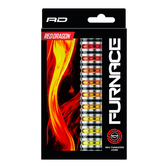 Abgebildet sind die Red Dragon Furnace Steeldarts. Die Darts liegen nebeneinander und zeigen ihr markantes Design.