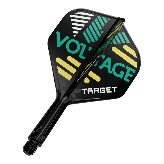 Sistema de eje de vuelo estándar Target K-Flex Rob Cross No2 Das Bild zeigt ein Dartflight- und Shafts-Set in Schwarz mit bunten grafischen Elementen und der Aufschrift „VOLTAGE“ sowie „TARGET“. Das Design besteht aus gelben, grünen und weißen Streifen auf den Flügeln des Flights.
