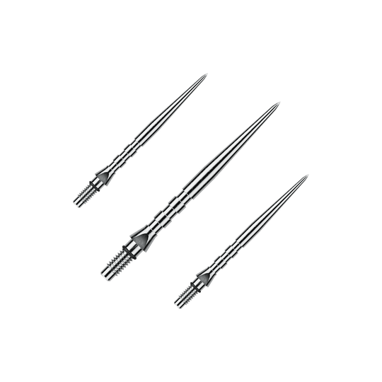 Das Foto stellt ein Set von Winmau Switch Point Groove Steeldartspitzen mit 30mm Länge dar. Mehrere silberne Spitzen liegen nebeneinander.