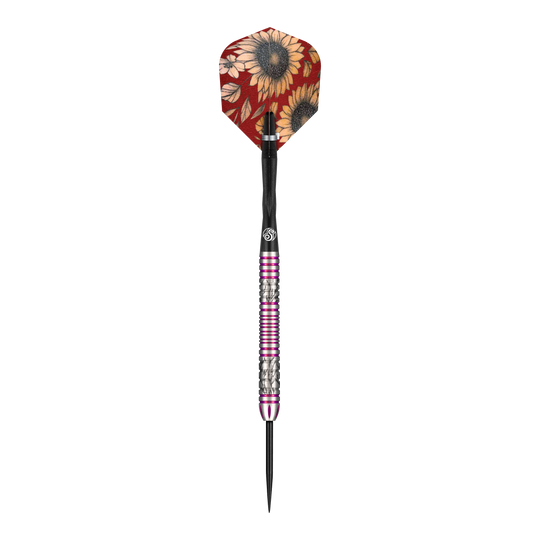 Shot Pro Series Barbora Hospodarska 2 Dardos de acero - 23g Das Bild zeigt einen Steeldartpfeil der Marke Shot Pro Series Barora Hospodarska mit einem Gewicht von 23 Gramm. Der Dartpfeil hat eine bunte Flights mit Sonnenblumenmuster und einen silbernen Schaft mit pinkfarbenen Ringen.
