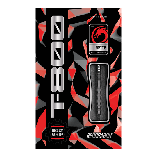 Dardos blandos Red Dragon T-800 - 20 g Hier ist das Produkt "Red Dragon T-800 Softdarts - 20g" abgebildet. Die Verpackung ist in Rot, Schwarz und Silber gestaltet und zeigt einen Softdart mit 90% Tungsten.
