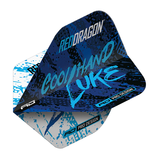 Vuelos estándar Red Dragon Luke Humphries, campeón mundial, azul, blanco y Yin Yang Das Bild zeigt ein Dart-Flight im Design "Red Dragon Luke Humphries World Champion Blue White Yin Yang Standard Flights". Auf dem Flight stehen die Worte "Cool Hand Luke" in blauer Schrift auf einem blau-weißen Hintergrund.