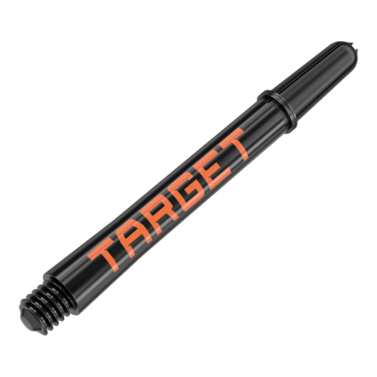 Varillas Target Pro Grip TAG - 3 juegos - Negro Naranja Das Bild zeigt einen schwarzen Dart-Schaft mit orangener Aufschrift "TARGET". Der Schaft hat eine Länge von 48 mm und ist für den Dartsport geeignet.
