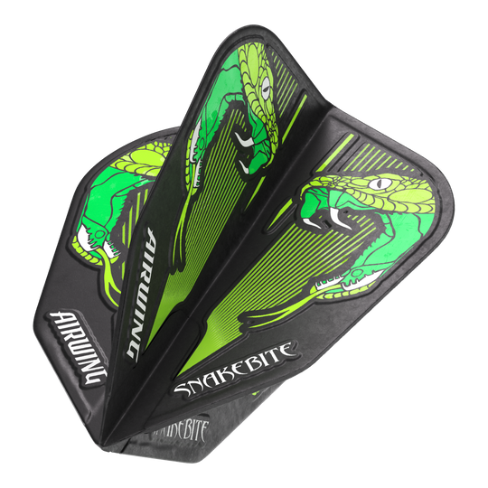 Vuelos del Red Dragon Airwing Peter Wright Green V-Standard Das Bild zeigt die "Red Dragon Airwing Peter Wright Green V-Standard Flights" mit einem grünen Schlangenmuster. Auf den Flights stehen die Wörter "Airwing" und "Snakebite".