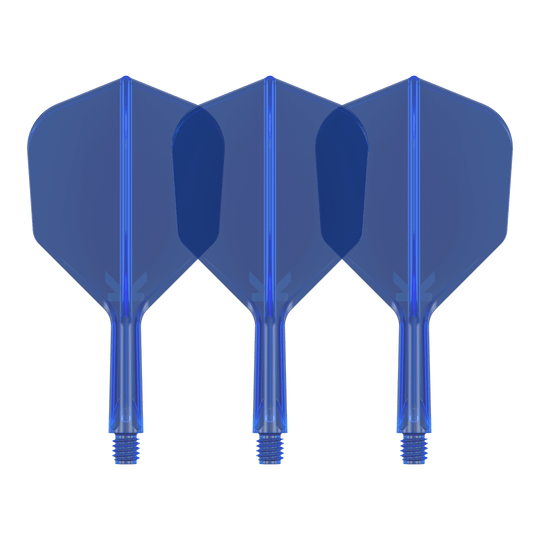 Sistema de vuelo Target K-Flex No6 - Azul Auf dem Bild sind drei blaue Dartflights zu sehen. Sie stehen nebeneinander und haben eine sechseckige Form.