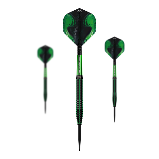 dardos de acero Mission Venom Das Bild zeigt drei Steeldarts des Produkts "Mission Venom". Die Darts sind in Schwarz und Grün gehalten und besitzen ein auffälliges, giftiges Design.