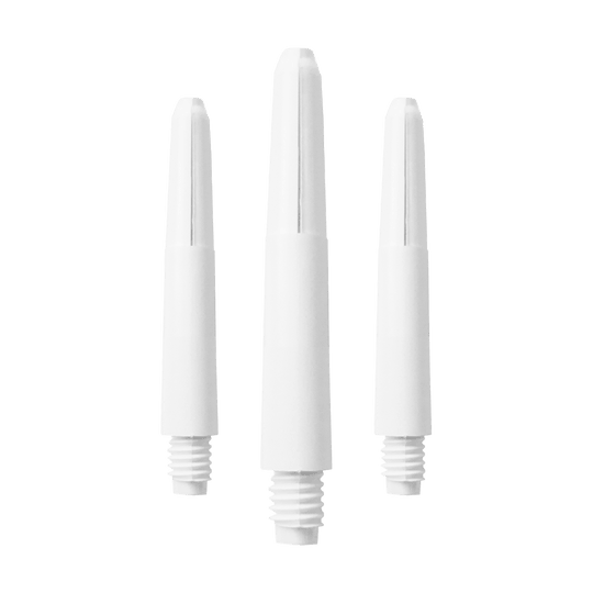 581_Nylon_Shafts_Schneeweiss_35mm_1qNc3M5fQ81IAP Das Bild zeigt drei weiße Nylon-Schäfte mit Gewinde. Sie sind gleichmäßig angeordnet und tragen den Namen "Schneeweiß".