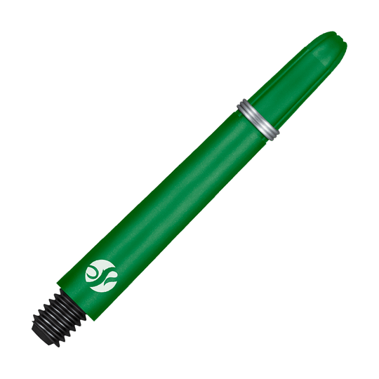 Flechas de carbono Shot Koi - Verde Dies ist ein grüner Dart-Schaft mit einem Metallring und einem schwarzen Gewinde. Er hat ein weißes Logo am unteren Ende.