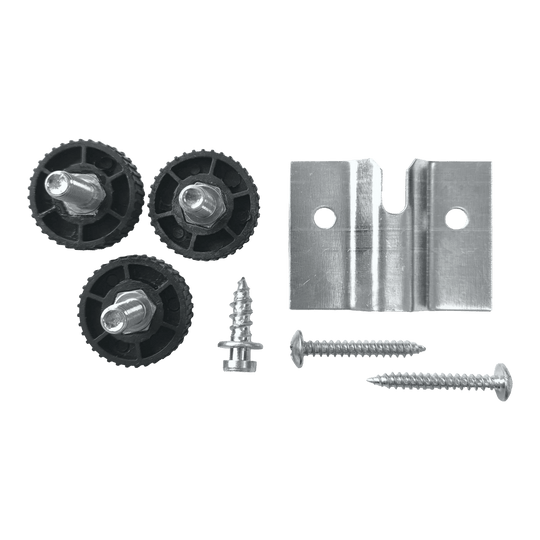 Soporte de pared Winmau Rota-Lock Blade 6 Das Bild zeigt das Winmau Rota-Lock Blade 6 Wandhalterungs-Set mit drei schwarzen Einstellrädern, einer Metallhalterung und Schrauben. Diese Teile werden verwendet, um ein Dartboard sicher an der Wand zu befestigen.