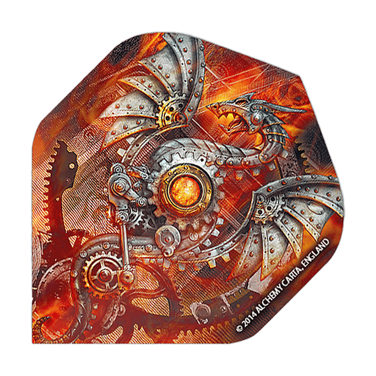 Alchemy Tech Dragon No2 Vuelos Estándar Das Bild zeigt ein Dartflight mit einem mechanischen Drachen-Design in Steampunk-Optik. Die Farben sind überwiegend orange und silber, mit vielen Zahnrädern und Metallstrukturen.