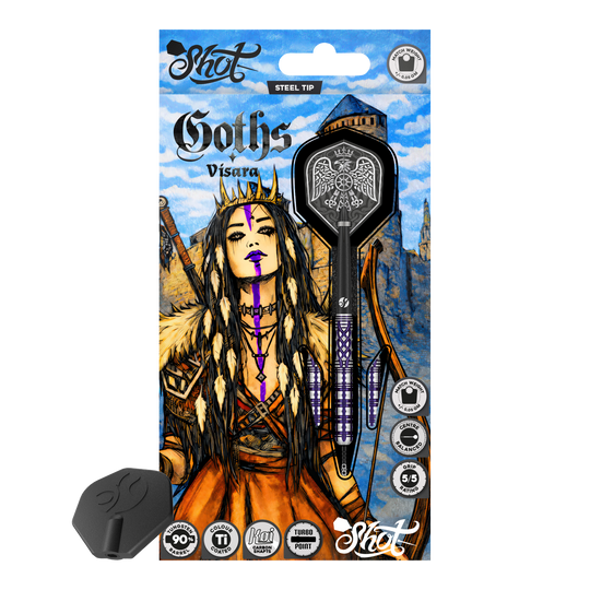 Dardos de acero Shot Goths Visara Turbo Point - 23 g Abgebildet sind die Shot Goths Visara Turbo Point Steeldarts mit einem Gewicht von 23 Gramm. Diese hochwertigen Darts bieten ein elegantes Design und eine ausgezeichnete Flugeigenschaft.