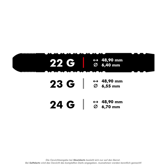 Dardos de acero Target Dimitri Van Den Bergh X Echo Swiss Point Das Bild zeigt drei verschiedene Gewichte von Steeldarts: 22 g, 23 g und 24 g. Für jedes Gewicht sind die Länge (48,90 mm) und der Durchmesser (zwischen 6,40 mm und 6,70 mm) angegeben.