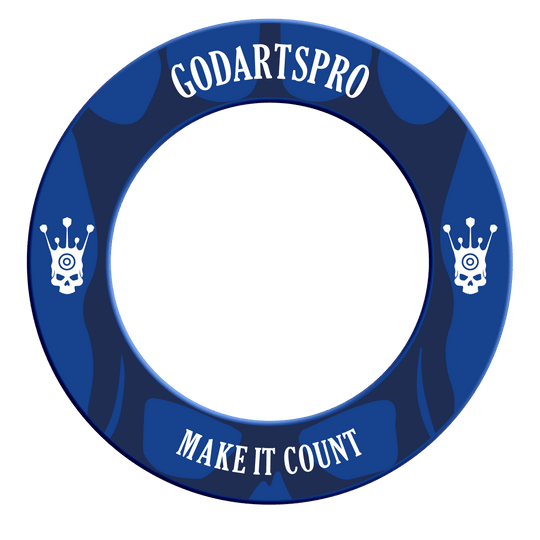 Borde para diana Go Darts Pro Dartboard-Surround in Blau ist abgebildet. Es dient zur Umrahmung und zum Schutz des Dartboards.
