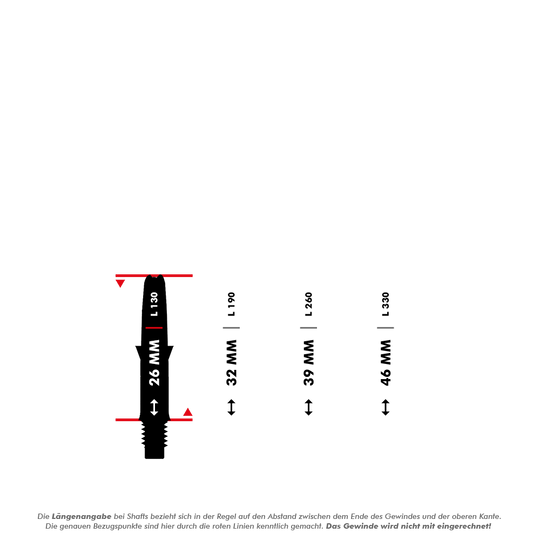 Flecha recta silenciosa de carbono estilo L - Negro Das Bild zeigt verschiedene Längenangaben für L-Style Shafts, gemessen ohne das Gewinde. Die roten Linien markieren die Messpunkte und das Gewinde wird bei der Längenangabe nicht mit eingerechnet.
