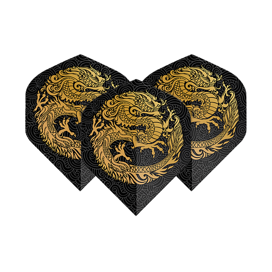 Vuelos de pentatlón Dragón negro Das Bild zeigt drei Dart-Flights mit einem auffälligen goldenen Drachen-Design auf schwarzem Hintergrund. Die Flights sind vom Typ "Pentathlon Dragon 2 Standard".