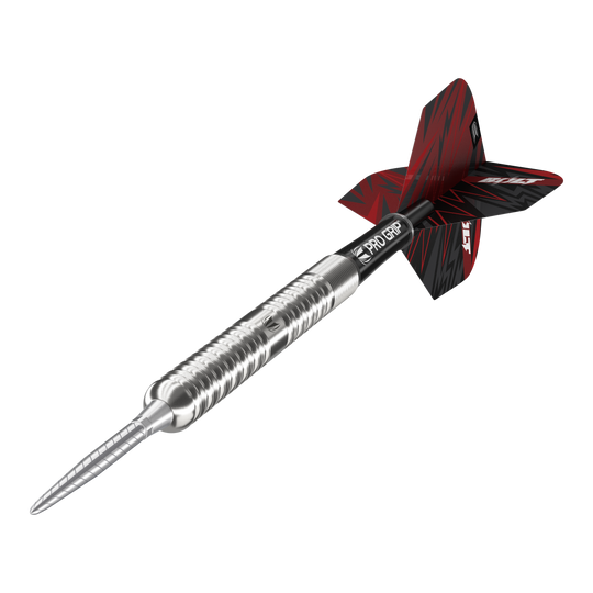 Dardos de acero Target Sebastian Bialecki GEN1 Swiss Point - 22 g Das Bild zeigt den Target Sebastian Bialecki GEN1 Swiss Point Steeldart mit 22 Gramm Gewicht. Der Dartpfeil hat ein silbernes Metallgehäuse, einen schwarzen Schaft und ein rot-schwarzes Flight-Design.