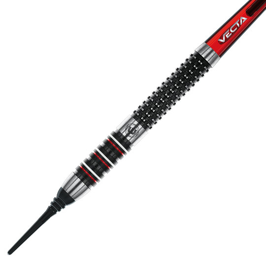 2466_Winmau_Florian_Hempel_Softdarts_2 Das Bild zeigt einen Winmau Florian Hempel Softdart mit einem Gewicht von 21g. Der Dartpfeil hat ein modernes Design mit schwarzen, silbernen und roten Akzenten.