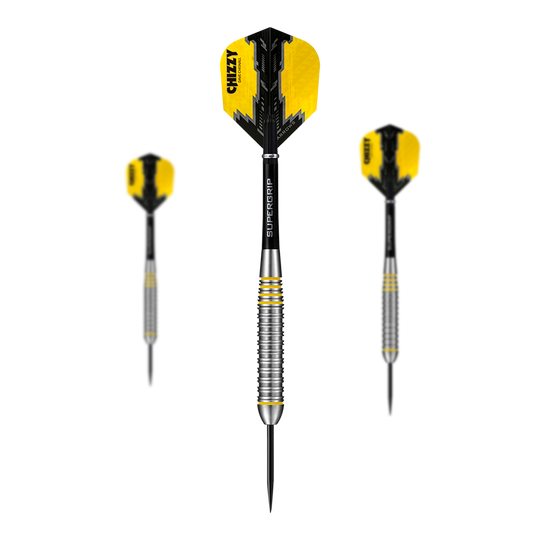 Dardos de acero Chizzy Brass de Dave Chisnall de Harrow Das Bild zeigt drei Steeldarts der Marke "Harrows Dave Chisnall Chizzy Brass". Die Pfeile haben gelb-schwarze Flights und silberne Griffe mit gelben Akzenten.