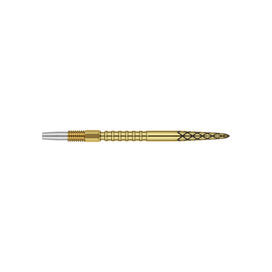 Puntas de dardo Target Swiss DS Surge Point - Oro Das Bild zeigt eine goldfarbene Dartspitze mit einem feinen Rautenmuster. Der hintere Teil der Spitze ist silberfarben und geriffelt.