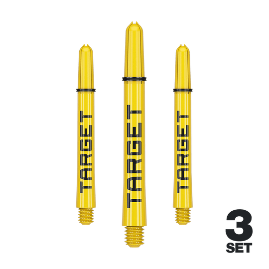 Varillas Target Pro Grip TAG - 3 juegos - Amarillas Auf dem Bild sind drei gelbe Dartschäfte der Marke Target zu sehen. Unten rechts steht "3 Set", was auf ein Set aus drei Teilen hinweist.