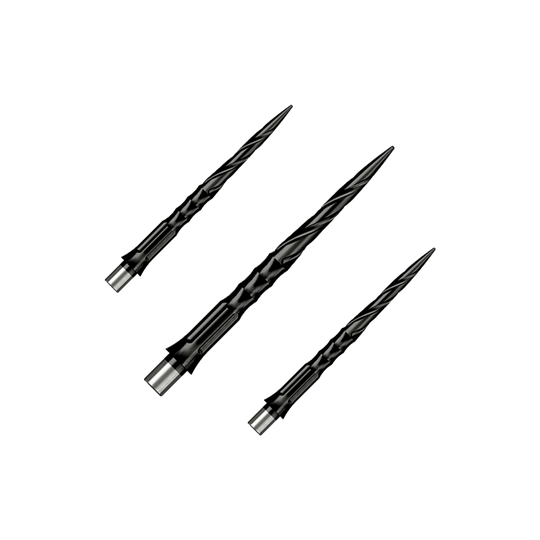 Puntas de dardos de acero Caliburn System - Spiro - Sin pestaña - Negras Zu sehen ist ein Set von Caliburn Evo System Steeldartspitzen Spiro NoLip Black, 28 mm. Die Spitzen eignen sich für professionelle Steeldartspiele.
