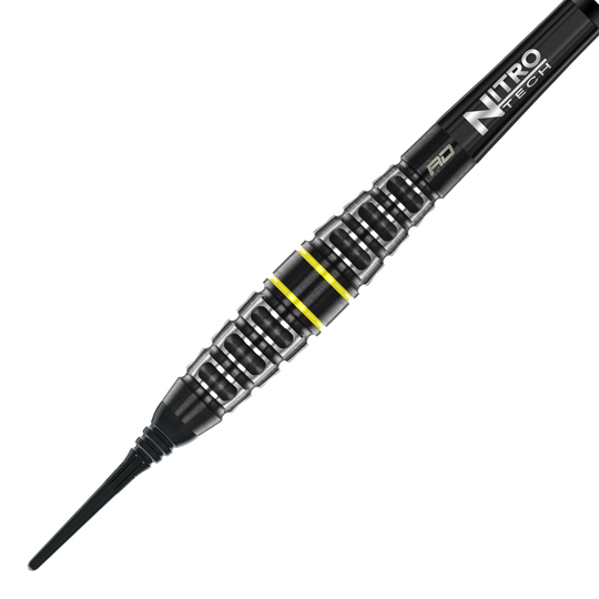 Dardos blandos Red Dragon Astraeus Q4X Torpedo - 20 g Auf dem Bild ist der Red Dragon Astraeus Q4X Torpedo Softdart mit 20g Gewicht zu sehen. Der Dart hat ein schwarzes Design mit silbernen und gelben Akzenten sowie der Aufschrift "Nitro Tech".