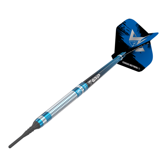 Dardos blandos Bulls Jermaine Wattimena Generation 3 - 20 g Das Bild zeigt einen Bulls Jermaine Wattimena Generation 3 Softdart mit einem Gewicht von 20g. Der Dart hat ein silbernes und blaues Design mit schwarzem Flight.