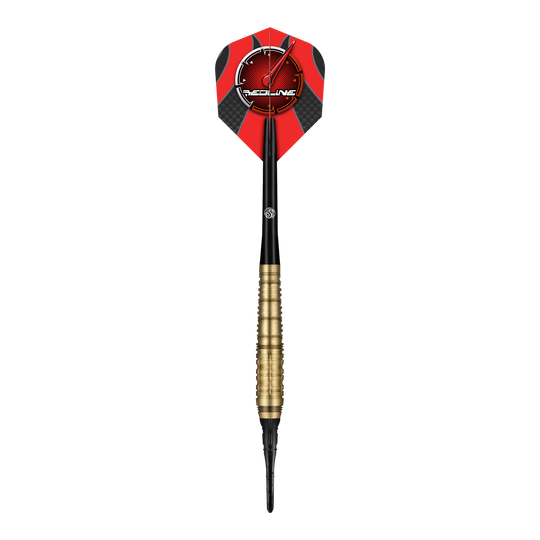 Dardos blandos Shot Redline Mach 1 - 20 g Das Bild zeigt einen Shot Redline Mach 1 Softdart mit einem Gewicht von 20g. Der Dart hat einen goldenen Griffbereich, einen schwarzen Schaft und eine rote Flights mit dem Redline-Logo.